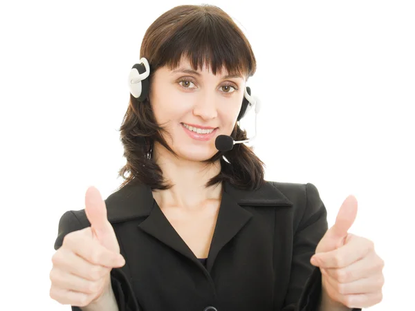 Young beautiful call center female operator portrait isolated on white — Stock Photo, Image