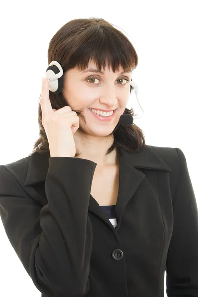 Jovem bonito call center feminino operador retrato isolado no branco — Fotografia de Stock