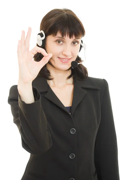 Young beautiful call center female operator portrait isolated on white — Stock Photo, Image