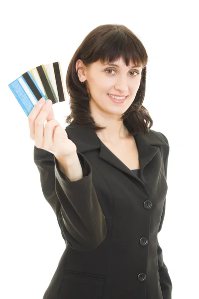 Mujer con muchas tarjetas de crédito diferentes. Aislado sobre blanco . —  Fotos de Stock