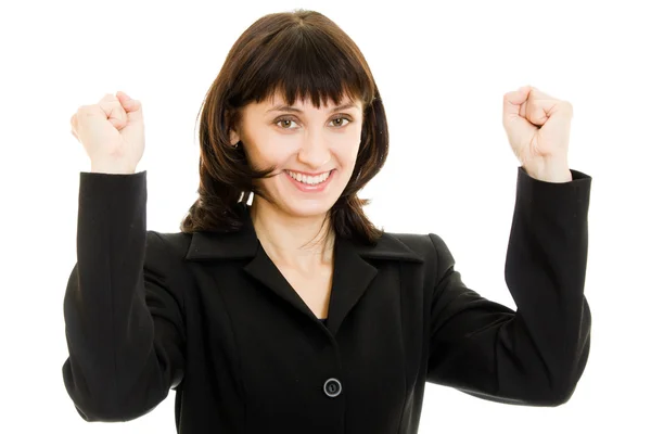 Портрет счастливой деловой женщины, приветствующей свой успех на белом фоне — стоковое фото