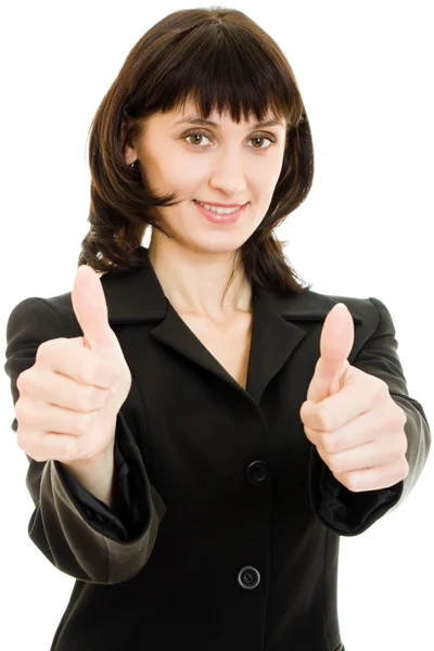 Крупним планом усміхнений бізнес-леді показує великі пальці вгору ізольовані — стокове фото