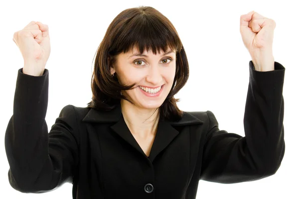 Портрет счастливой деловой женщины, приветствующей свой успех на белом фоне — стоковое фото