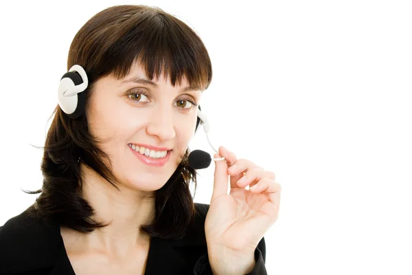 Joven hermosa call center operador femenino retrato aislado en blanco — Foto de Stock