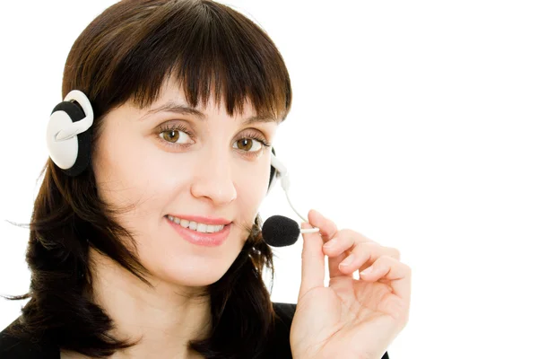 Joven hermosa call center operador femenino retrato aislado en blanco —  Fotos de Stock