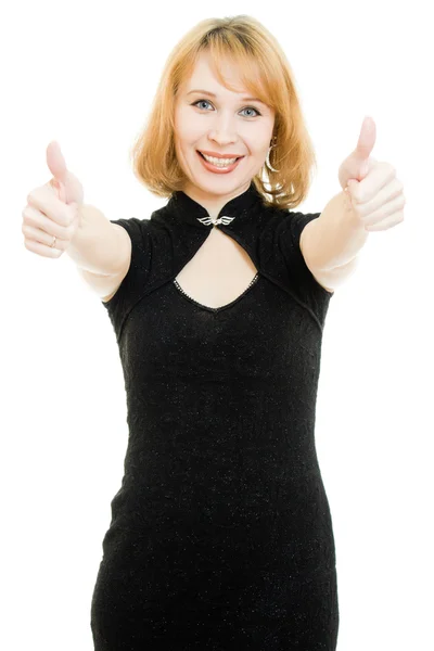 A woman shows a gesture okay on a white background — Stock Photo, Image
