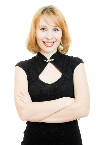 Beautiful woman in black dress on a white background. — Stock Photo, Image