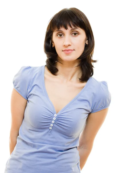 一个女人在一个蓝色的衬衫和白色背景上的白色裙子. — 图库照片