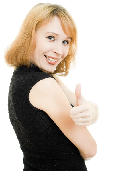 Een vrouw toont een gebaar oke op een witte achtergrond — Stockfoto