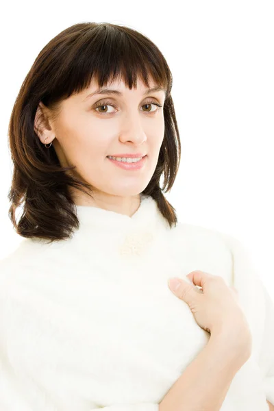 Attraktive glamouröse Frau im Pelzmantel auf weißem Hintergrund. — Stockfoto