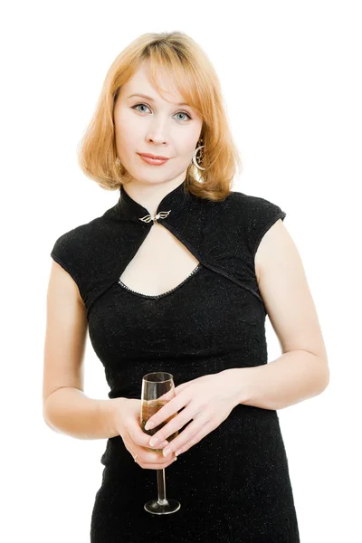 Portret pięknej kobiety przy lampce wina na białym tle. — Zdjęcie stockowe