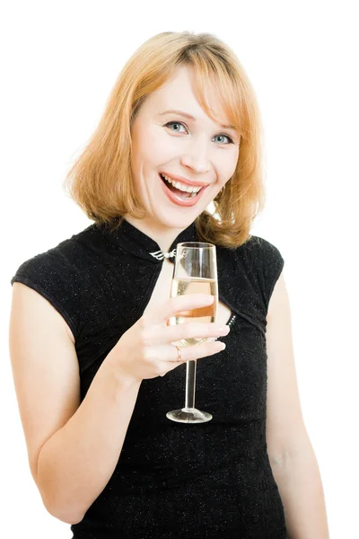 Retrato de una hermosa mujer con una copa de vino sobre un fondo blanco . — Foto de Stock