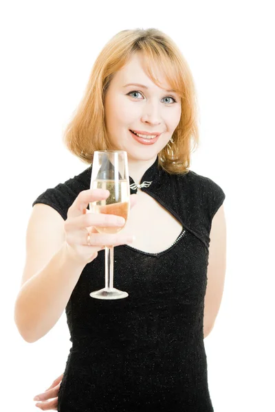 흰색 바탕에 와인 한 잔과 아름 다운 여자의 초상화. — 스톡 사진