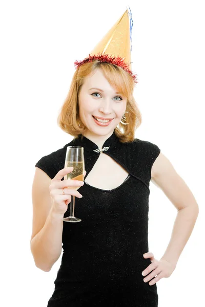 Portrait of a beautiful woman with a glass of wine on a white background. — Stock Photo, Image