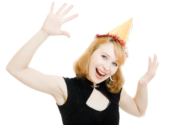 Mujer hermosa feliz en un sombrero festivo sobre un fondo blanco . — Foto de Stock
