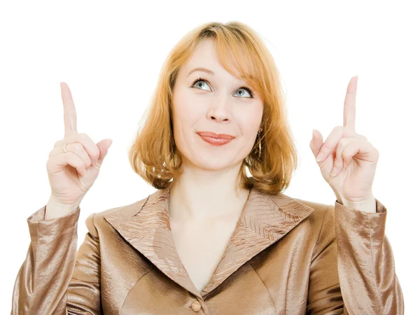Geschäftsfrau zeigt mit dem Finger nach oben. — Stockfoto