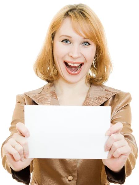 Mutlu bir kadın beyaz arka plan üzerinde izole boş tabela gösteriliyor — Stok fotoğraf