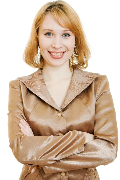 Mulher de negócios confiante em um terno de ouro em um fundo branco . — Fotografia de Stock