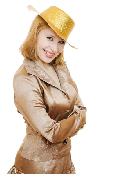 Donna d'affari in un cappello d'oro festivo su uno sfondo bianco . — Foto Stock