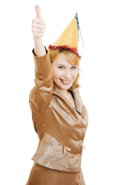 Happy business woman in a festive hat on a white background. — Stock Photo, Image
