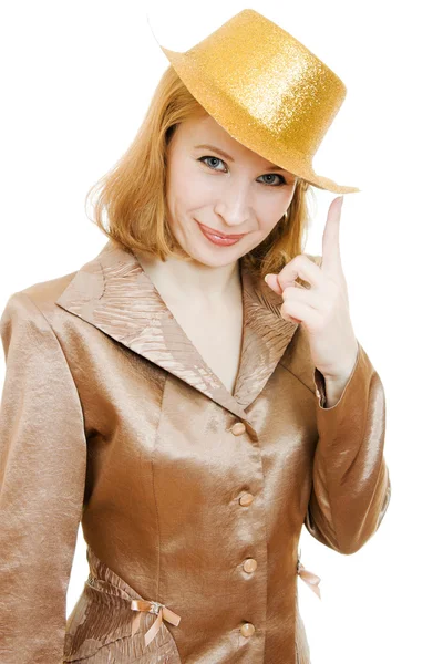 Γυναίκα των επιχειρήσεων σε ένα εορταστικό καπέλο χρυσό σε λευκό φόντο. — Φωτογραφία Αρχείου