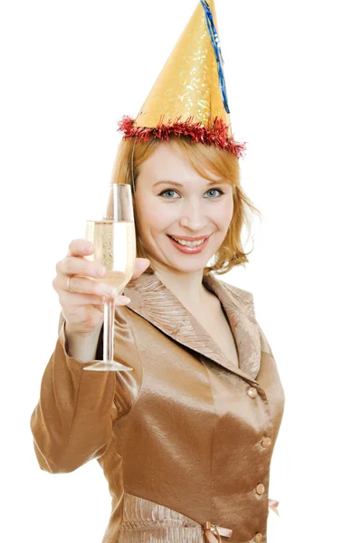 Happy business woman in a festive hat with wine glasses in hand on white ba — Stock Photo, Image