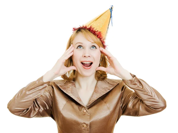 Boldog üzleti nő egy ünnepi kalap, fehér alapon. — Stock Fotó