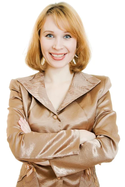 Γυναίκα των επιχειρήσεων αυτοπεποίθηση σε ένα χρυσό κοστούμι σε λευκό φόντο. — Φωτογραφία Αρχείου