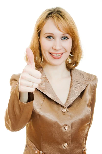 Mooie zakenvrouw in een gouden pak met een gebaar ok toont een witte — Stockfoto