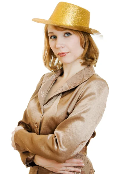 Geschäftsfrau mit festlichem Goldhut auf weißem Hintergrund. — Stockfoto