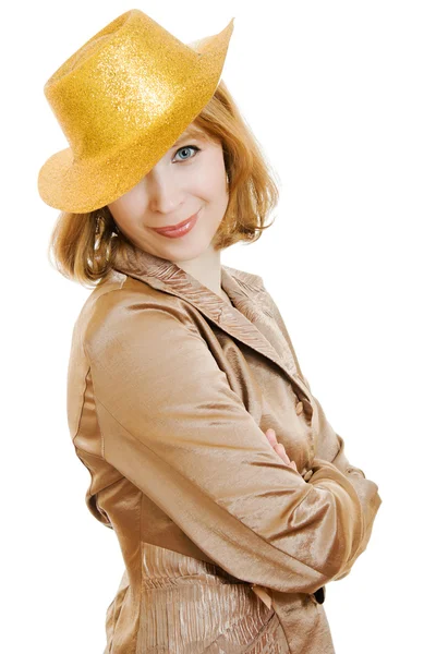 Geschäftsfrau mit festlichem Goldhut auf weißem Hintergrund. — Stockfoto