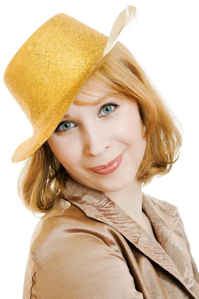 Γυναίκα των επιχειρήσεων σε ένα εορταστικό καπέλο χρυσό σε λευκό φόντο. — Φωτογραφία Αρχείου