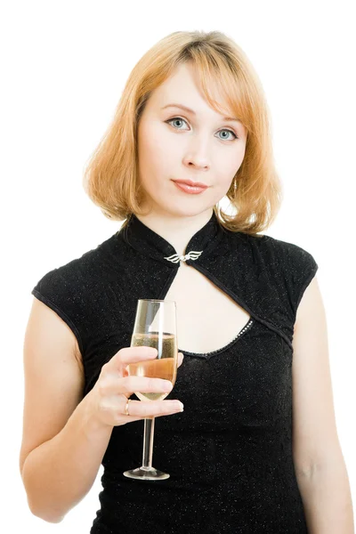 Portret van een mooie vrouw met een glas wijn op een witte achtergrond. — Stockfoto