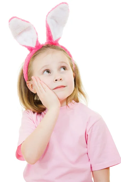 Beyaz zemin üzerine pembe kulakları tavşanlı küçük kız. — Stok fotoğraf