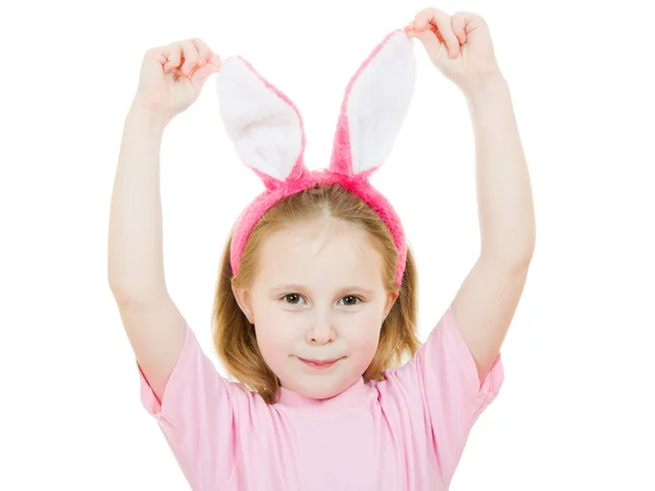 stock image The little girl with pink ears bunny on white background.