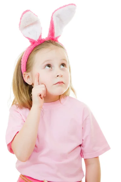 The little girl with pink ears bunny on white background. — Stock Photo, Image