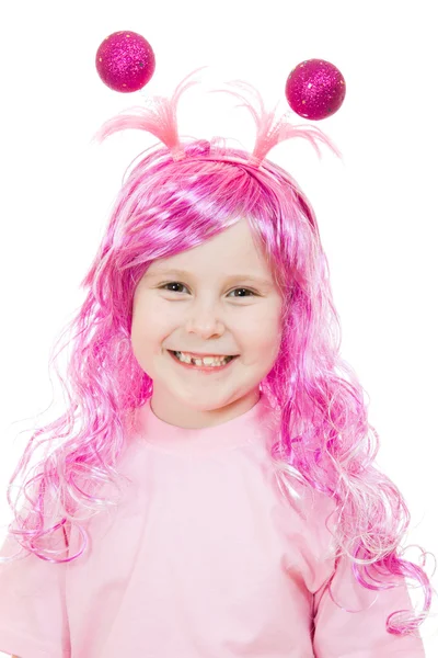 Dívka s růžovými vlasy na bílém pozadí. — Stock fotografie