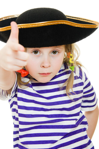 Terrible pirate girl in shirt and hat on a white background.