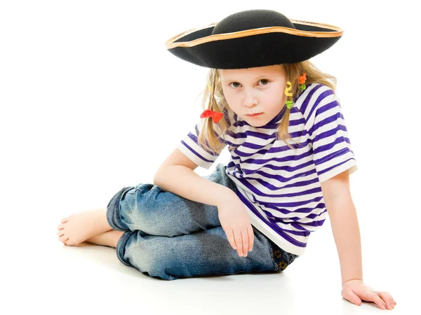 Terrible pirate girl in shirt and hat on a white background. — Stock Photo, Image