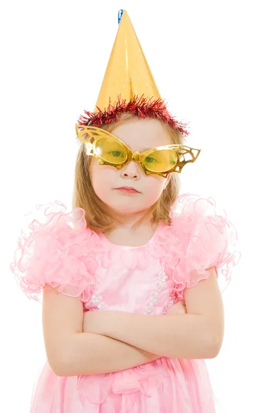 A girl in a pink dress with glasses and hat on white background. — Stock Photo, Image