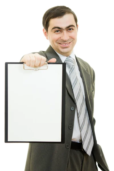 Biznesmen z białym pusty arkusz papieru na białym tle. — Zdjęcie stockowe