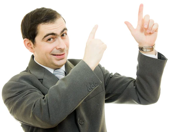 Успешный бизнесмен показывает пальцем на белом фоне . — стоковое фото