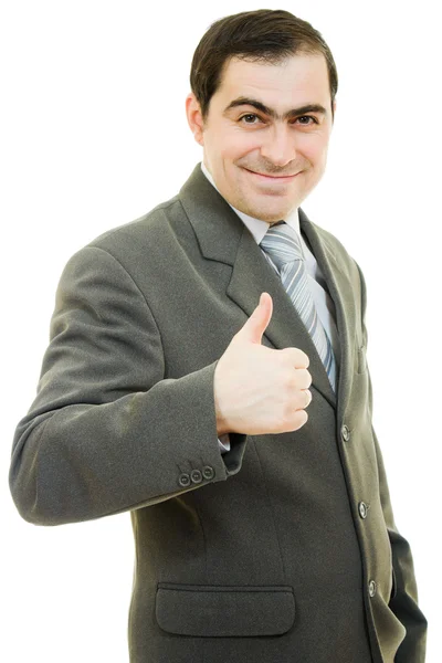 Успешный жест бизнесмена показывает хорошо на белом фоне . — стоковое фото