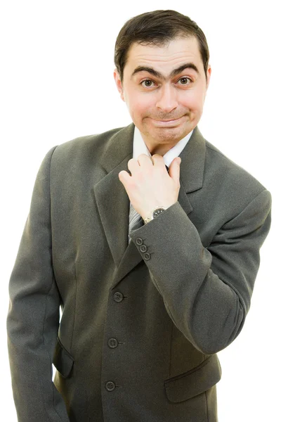 Αστείο πρόσωπο ανήσυχος επιχειρηματίας contorts σε λευκό φόντο. — Φωτογραφία Αρχείου