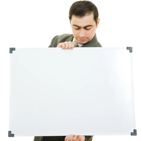 Bir işadamı ile beyaz bir arka planda beyaz tahta. — Stok fotoğraf