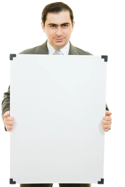 Un hombre de negocios con una pizarra blanca sobre un fondo blanco . —  Fotos de Stock
