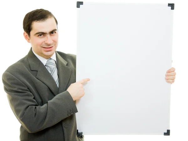 Un hombre de negocios con una pizarra blanca sobre un fondo blanco . — Foto de Stock