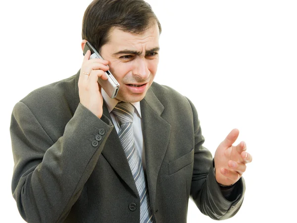 Geschäftsmann in Not telefoniert auf weißem Hintergrund — Stockfoto
