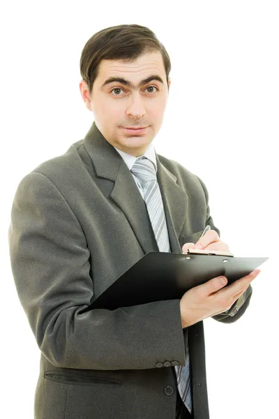 Бізнесмен пише на планшетній ручці на білому тлі . — стокове фото