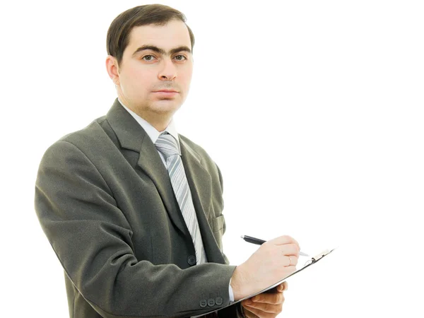 ビジネスマン、白い背景にタブレット ペンで書く. — ストック写真